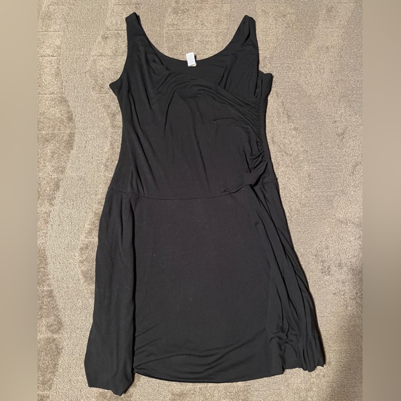 GAP Stretch Plain Solid Black Mock Wrap Wide Strap Tank Midi Dress Flowy Flares - Picture 1 of 9